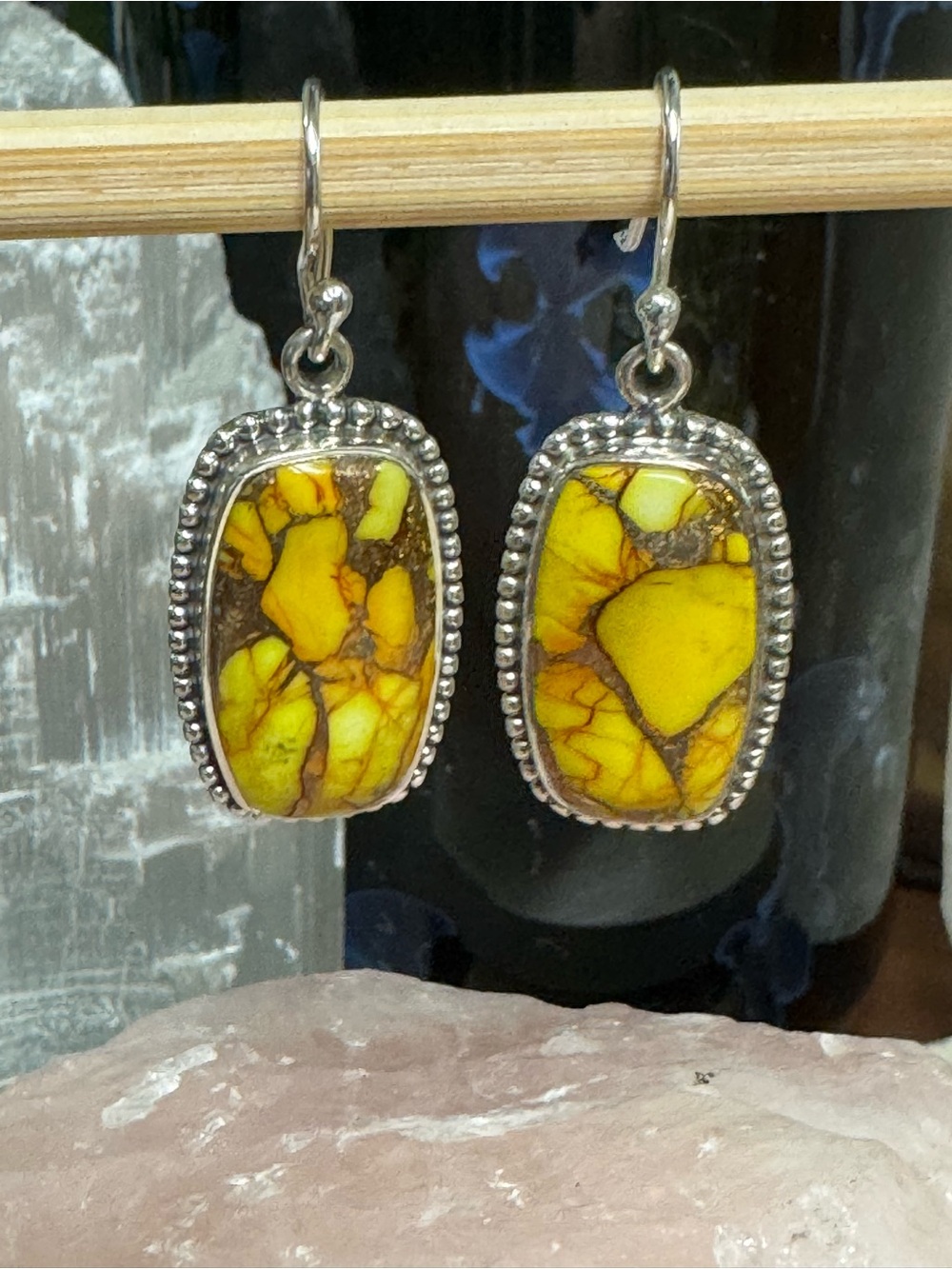 Kingman Honey Dahlia Drop Earrings with Sterling Silver Bezel - Statement